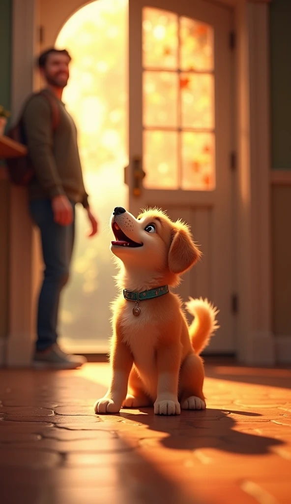 anime happy dog when owner back to home, moment of happiness, scene of joy, shot from dog perspective, 1 dog, cute dog, smiling dog, wagging tail, excited dog, looking up at owner, Man stand in door front to dog, dog on fire plan, Man on seconda plan, focus on dog, photorealistic, 8k, highly detailed, vibrant colors, warm lighting, soft focus, magical, fantasy