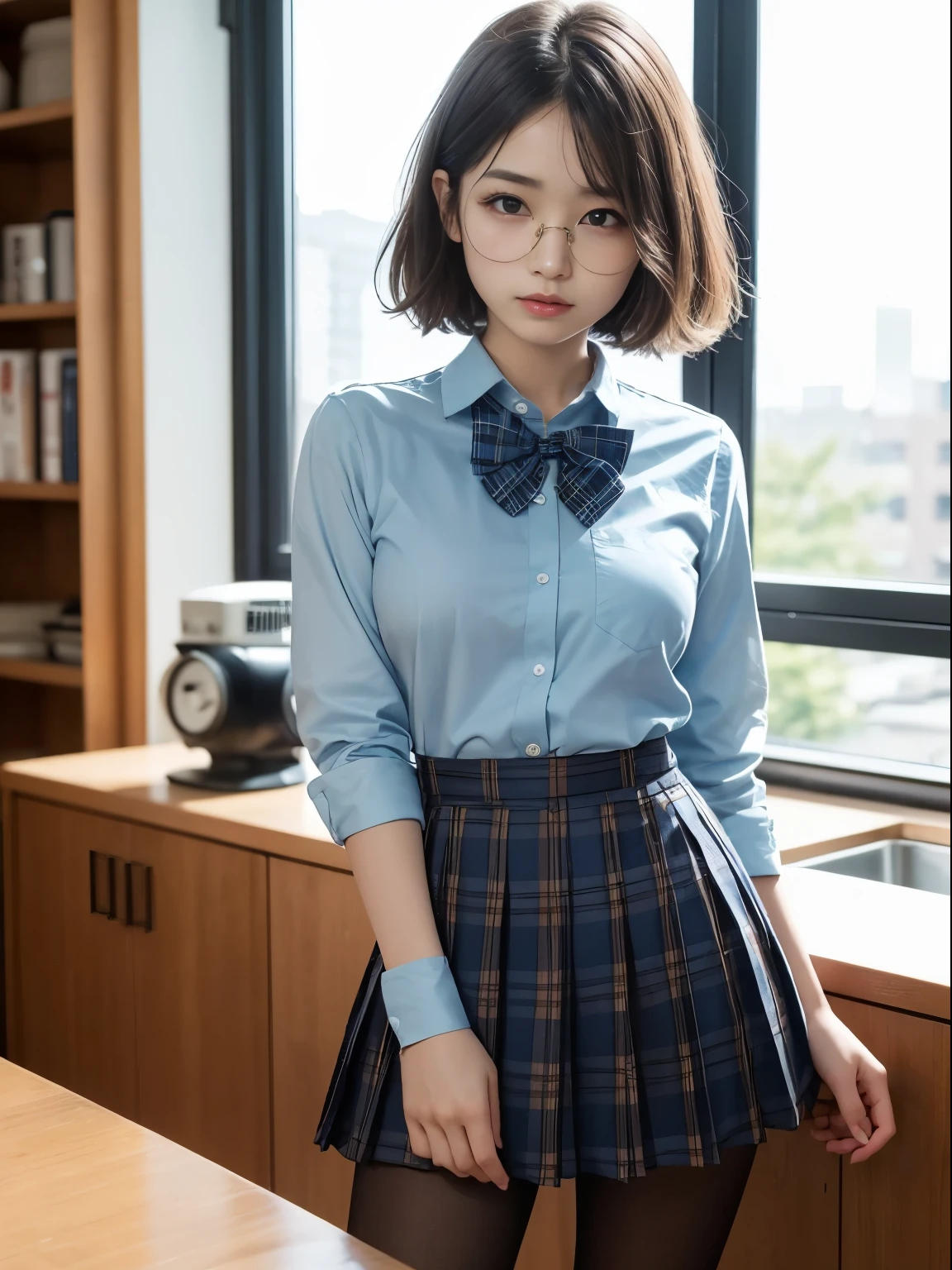 (8k、生photograph、 Highest quality、masterpiece:1.2)、(Short bob cut hair)、(Small eyes)、((Black Pantyhose))、((Small breasts)、(Small breasts)、(Small breasts)、(Cutting board)、(Half an eye))、((Sleepy eyes))、((Squint your eyes))、(Round Glasses)、Droopy eyes、One person、cute、JK、high school girl、Japanese women、(Are standing)、(PhotoReactive:1.37)、Photon Mapping、Real、(Very delicate face)、round face、cute小さな顔、Brown eyes、(Red bow tie)、Radio City、Physically Based Rendering、Prospect、Character boundary depth、Blurred Background、photograph、、body、Beautiful feet、Long legs、Thin legs、(前hairが見える)、hair、lips、Blue_The目、Soft Nose、(Light blue shirt)、(Navy, blue and white plaid pleated skirt)、High school uniforms、See-through clothing、Thighs、black cotton socks、Nogizaka Idol、Japanese Idol