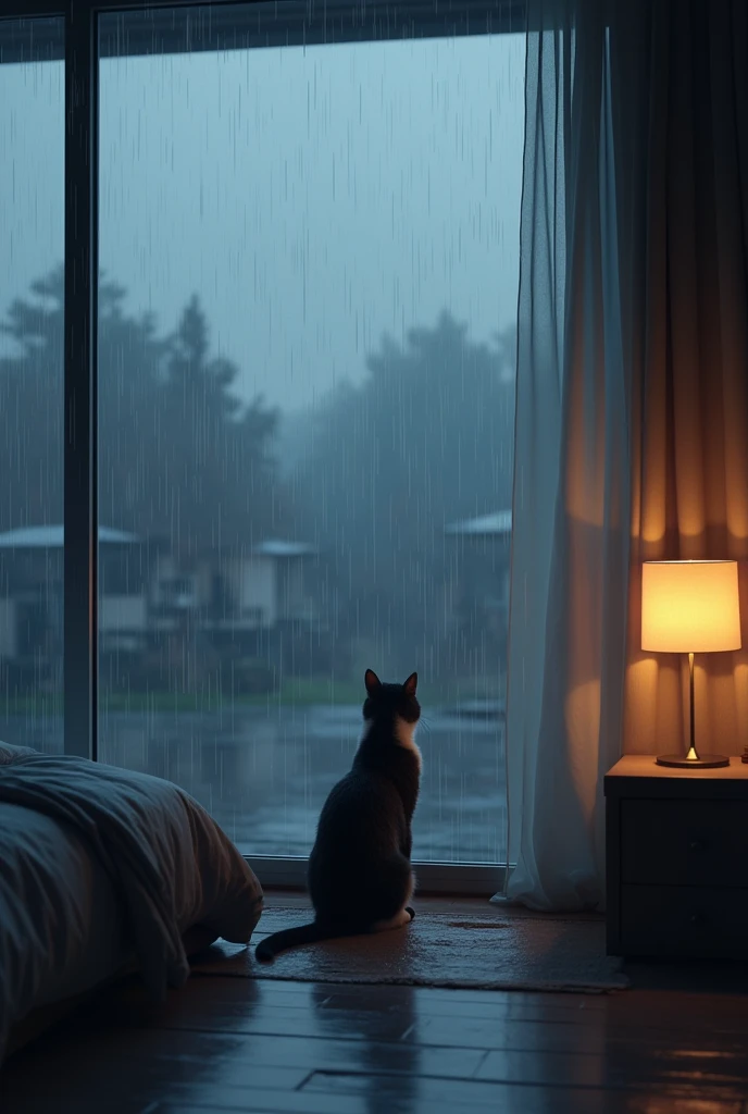 Create an image of a close view of a dark room which has a large glass wall and it's raining outside . The cat is sitting on the internal side of the wall looking at the rain. A lamp is bright on the side table of the bed.
