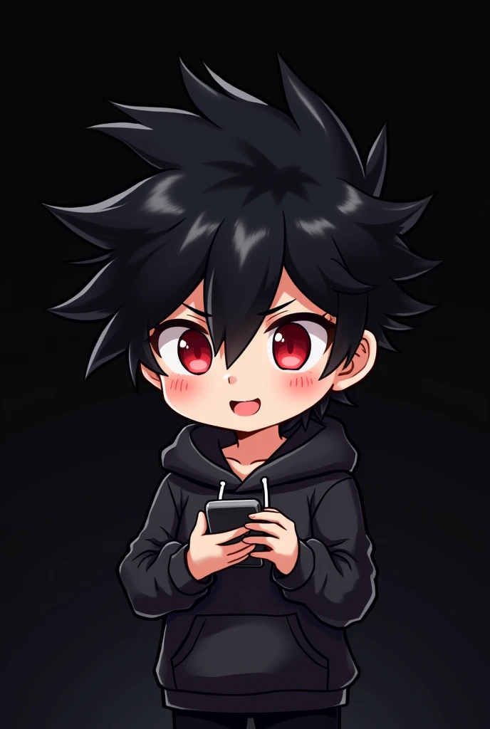 Plane Black background , Anime boy , black Spiky hair , black hoodie , red eyes , narrowed eye , happy , chibi , blushed , dark black back ground , plays phone