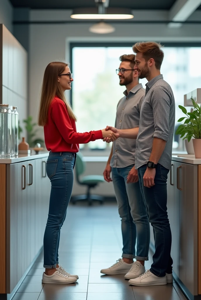 1 girl and 1 couple is meeting water drinking area in office and handshake , the girl is wearing a red top and jeans and specs and the boy is wearing a grey check shirt and jeans and smart watch and both are wearing white shoes, but boy are not wearing specs , boy talking to red top girl.
Only red top girl wearing specs.