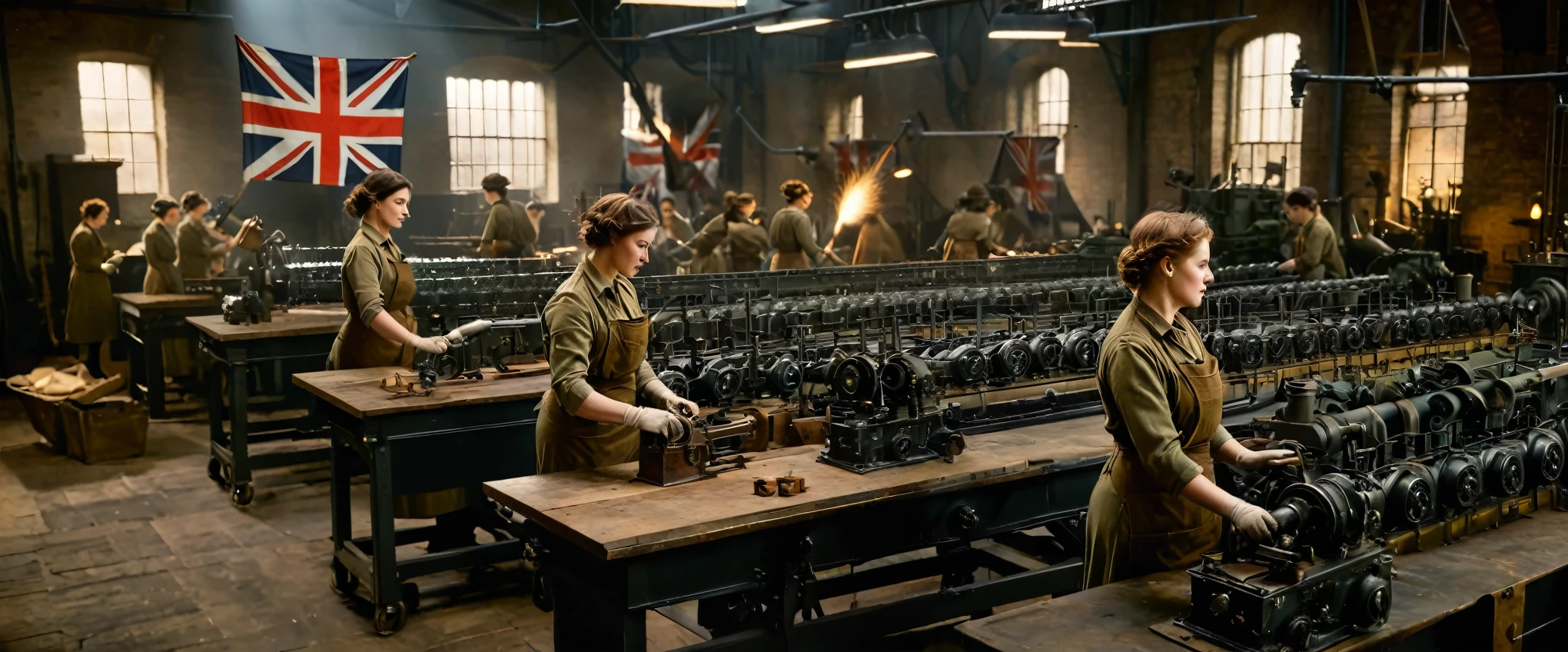 An image, with women working in the industry of the First World War, in England, with a small flag of England, Captivating, Professional Studio Lighting, Expertly lit, The scene is filled with a sense of urgency, factory, big machines, women, shaft of light from above,