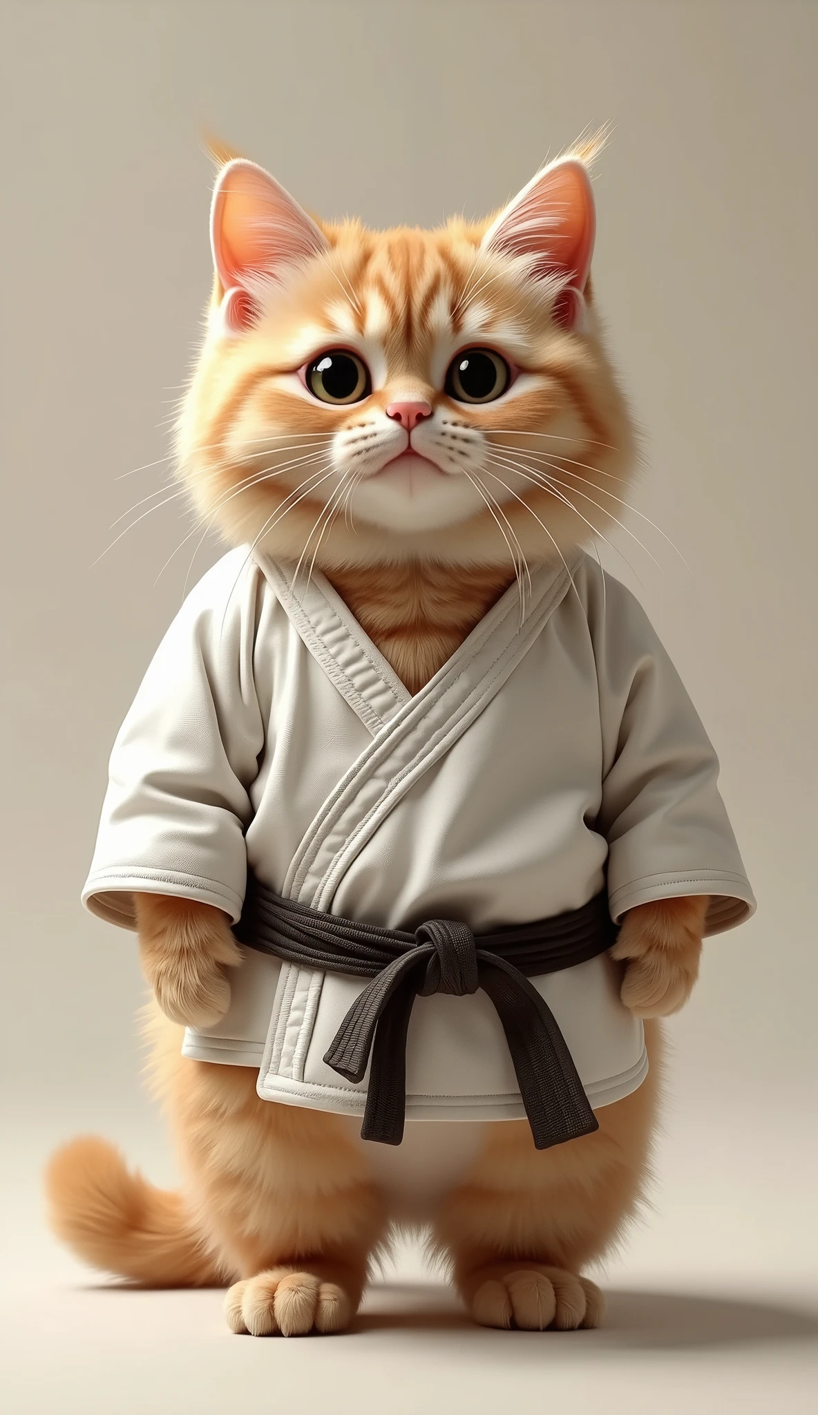 Photorealistic, 64K, A cute fat cat wearing a [karate costume], standing up,