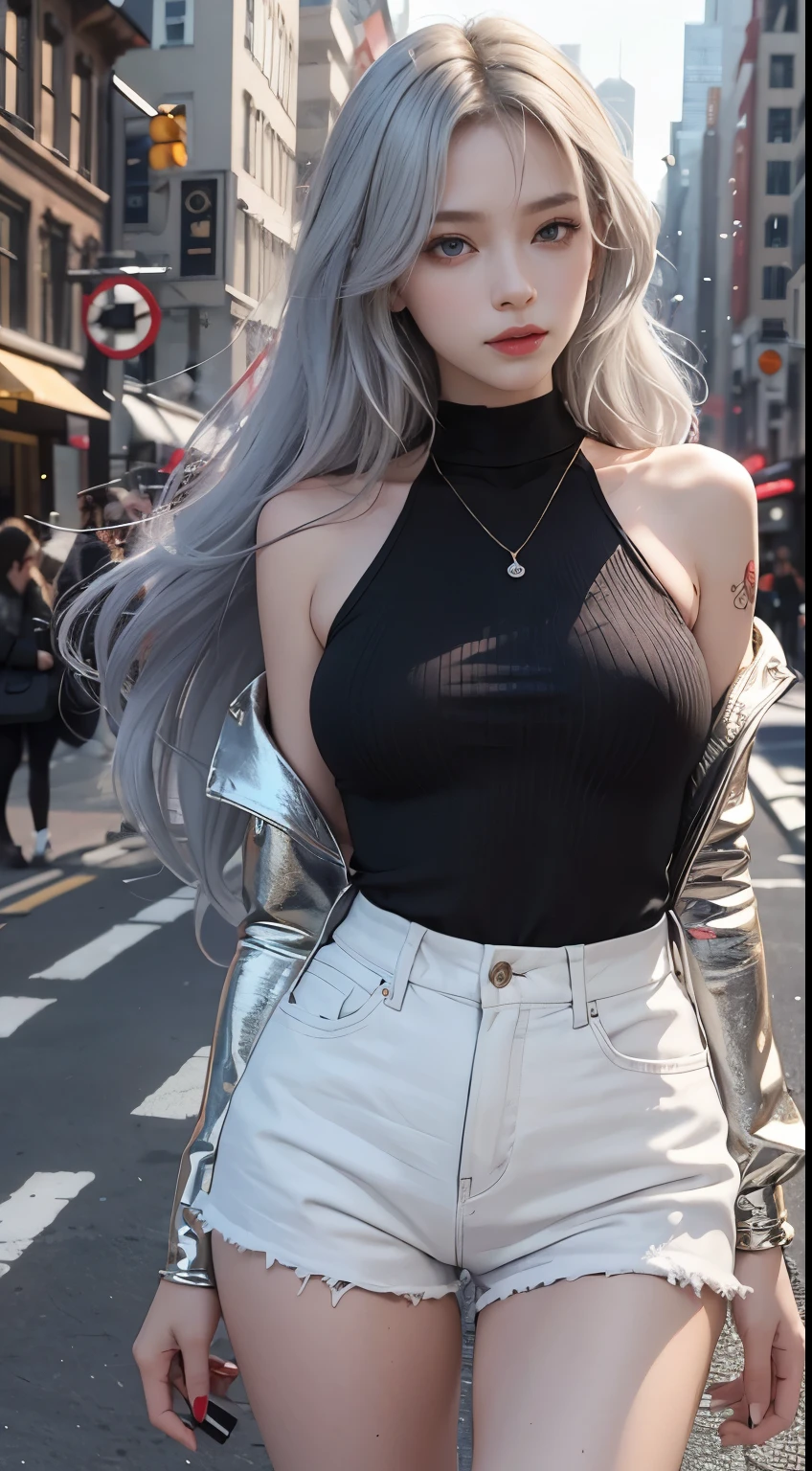 Beautiful female college student in the city，masterpiece，light makeup，Red Lip，Silver Hair，Disheveled long hair，Street Background，Elegantさ，Elegant。Ultra-fine details，Masterpieces，Authentic texture，Realism in film lighting，Perfect piece，8k，khd，Delicate facial features，White skinny turtleneck top，white skinny shorts，Slim figure，Big bright eyes，Smooth Skin，ear discharge，Choker Necklace，Got a tattoo