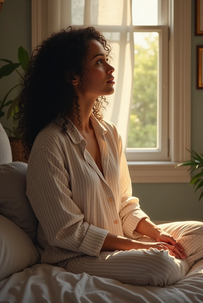 Create an image of a mother with medium length curly black hair, wears striped pajamas, listening to God speak to her.In the morning