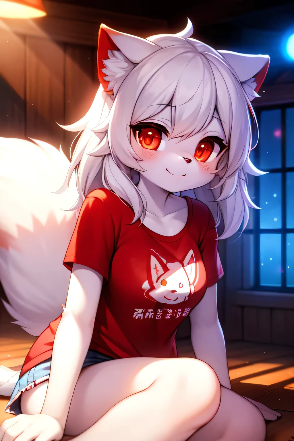fluffy, White fur, very cute face, Red elements on fur, glowing t-shirt, Beautiful lights and shadows, ambient light, Ultra detailed fur, volumetric light