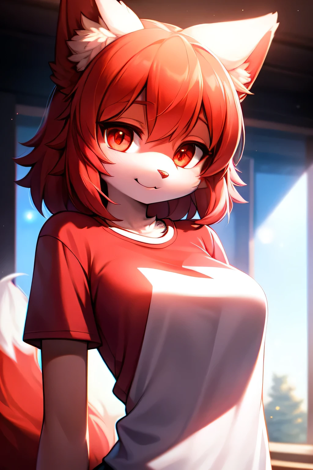fluffy, White fur, very cute face, Red elements on fur, glowing t-shirt, Beautiful lights and shadows, ambient light, Ultra detailed fur, volumetric light