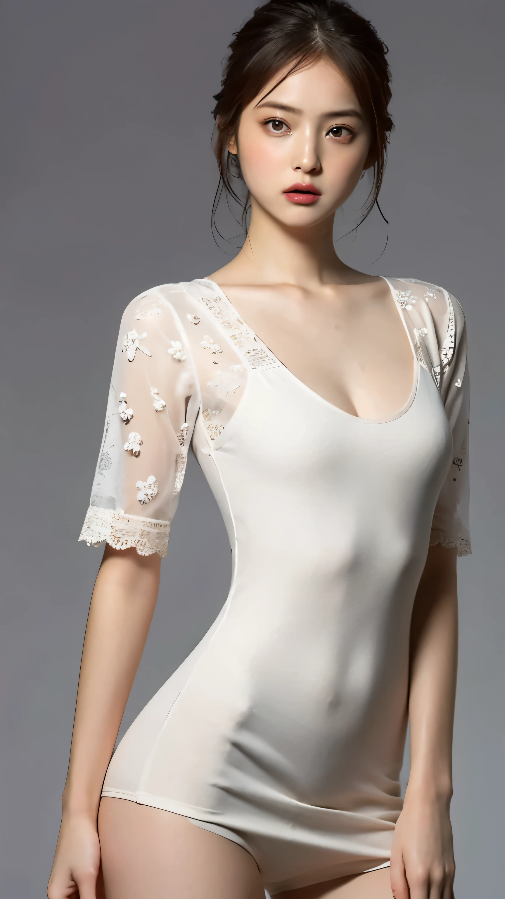 Highest quality,masterpiece,Ultra-high resolution,(Actual:1.4),Original photo,Ultra-high resolution,8K,There are also women,Fair skin、Transparent short-sleeved one-piece white dress
Long legs:1.5,Bright and beautiful,high waist,Flashy makeup,Gray background,