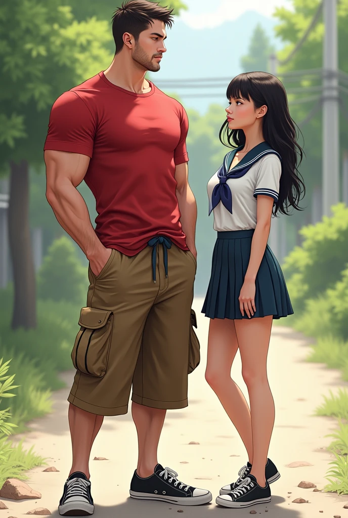 Muscular man wearing a shirt with long shorts Long loose shorts With pockets on the sides with converse sneakers red T-shirt and brown shorts Long short, Normal musculature Next to him a girl of shorter stature with a sexy body in a school uniform Sailor uniform with a short skirt realistic style 