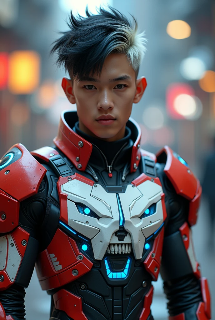 a young Malaysia man, tan skin .19  year old boy wearing a red and white exoskeleton armor, a robot face on his chest , malaysian mullet wolfcut hairstyle. Red ear mount . black hair mix little white hair. , detailed face and eyes, highly detailed, 8k, photorealistic, cinematic lighting, concept art, sci-fi. Led light blue.led light robot face on body Punisher. Marvel. Alien robot face on body. Mechamato. Robot face on chest. Talking robot on chest. Robot emoji on body.