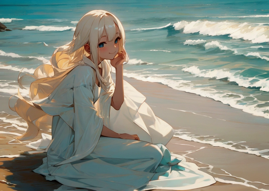 ocean, sitting, reply, Platinum blonde, Beauty, A gentle smile