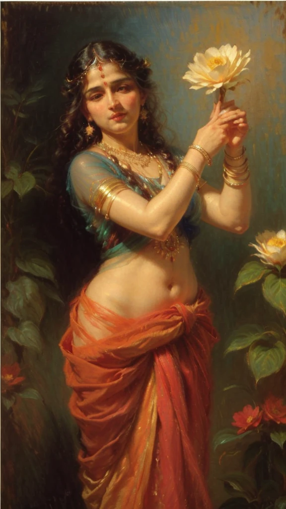 a painting of a woman holding a flower in her hand, by Raja Ravi Varma, inspired by Raja Ravi Varma, szukalski ravi varma, indian art, indian goddess, traditional beauty, painting of beautiful, hindu art, indian goddess of wealth, beautiful goddess, hindu aesthetic, very beautiful photo, inspired by T. K. Padmini, classic painting, NSFW, Visible legs through clothes