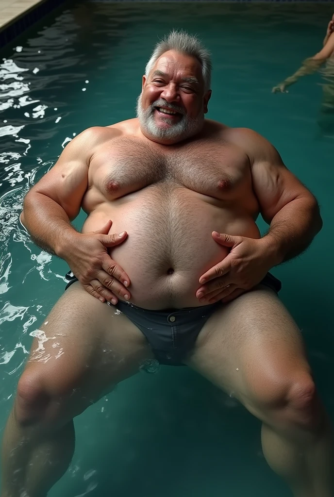 Human Male，elderly，Playing with nipples，Sweating，muscular，nude，high quality，best quality，Big Dick，Thick hair，Thick chest hair，Floating in the pool，Legs wide open，whole body，Big abdominal muscles，pectoralis major，Playing with one's own chest muscles，Big Ass，Smile，Large Breasts，Having breasts played with from behind，Smile，Sexy，Back to the audience，back，Briefs，，Pink nipples，Nipple piercing