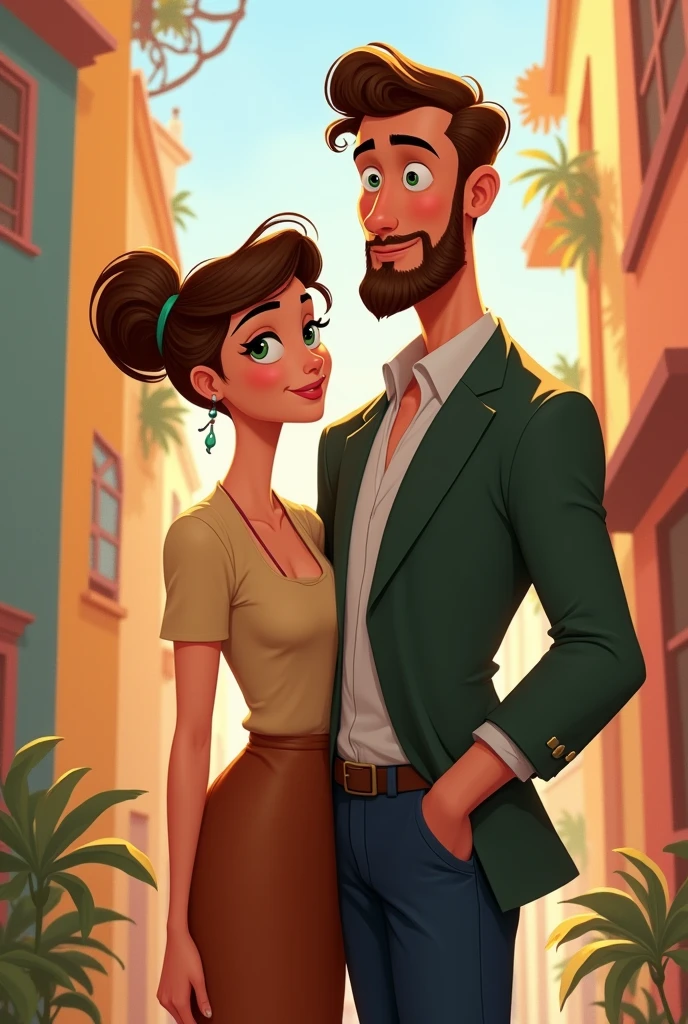 Disney Pixar style cover of a tall woman, slim, white tea, short, very short light brown hair, big brown eyes and a tall man, delgado, white tea, light brown hair combed to the side and beard, green eyes,