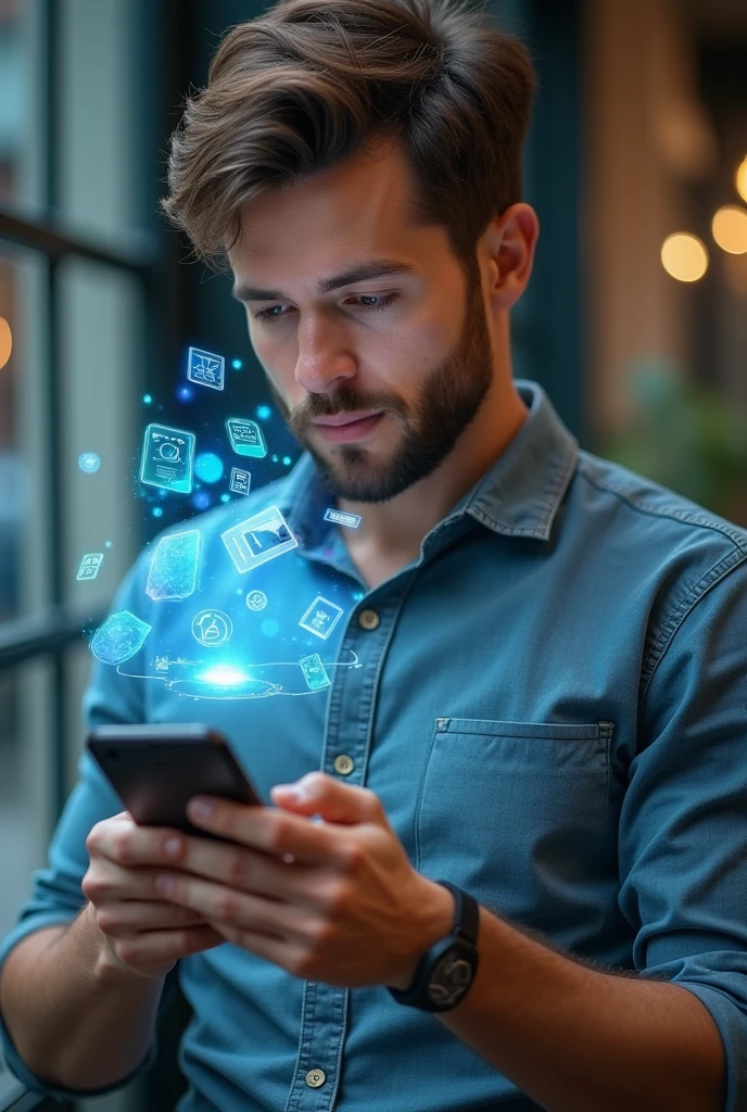 A hyper-realistic 4K image of a man sitting at a table, intensely focused on his smartphone. The man is casually dressed, with natural lighting emphasizing his facial features. His eyes reflect the light from the phone screen. From the phone, several holographic advertisements appear, floating above the screen. One ad prominently features a piece of sushi, enticingly presented, while others include various product icons and buttons that seem to invite the man to click. The scene is detailed, capturing the texture of the man's skin, the glossy surface of the phone, and the vivid colors of the advertisements. The background is slightly blurred, focusing all attention on the man and his interaction with the phone, conveying a sense of immersion in the digital world, photo