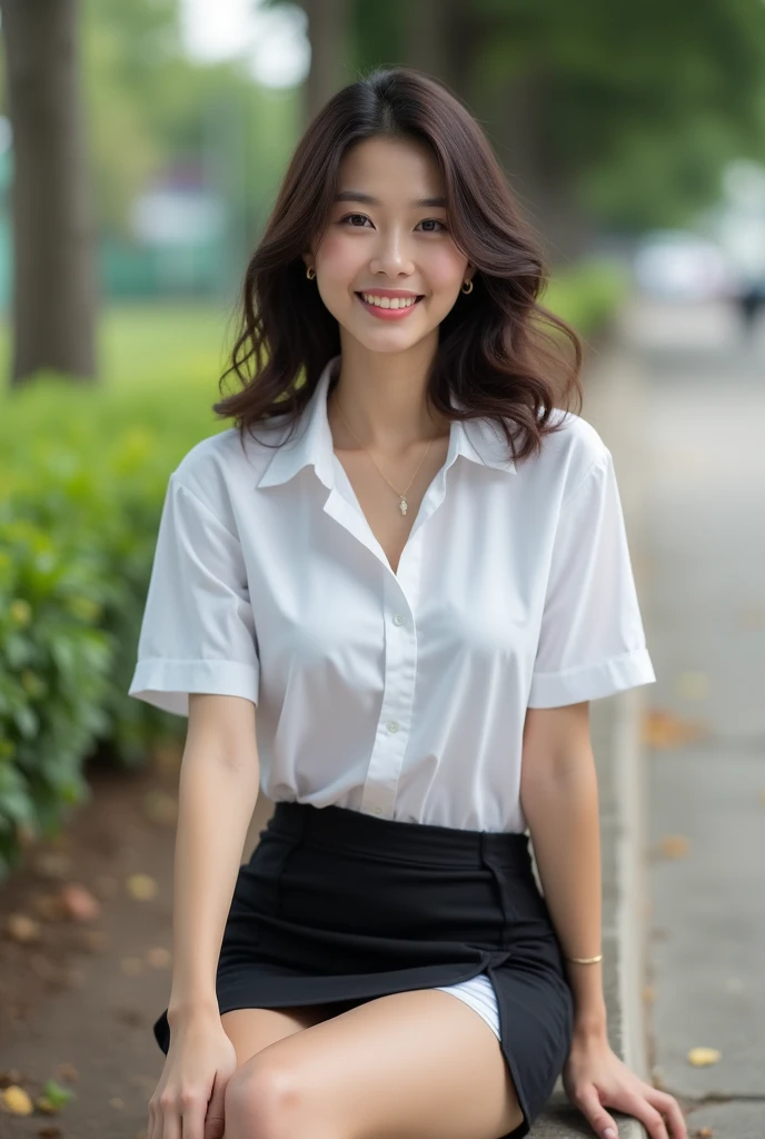 (masterpiece, Highest quality, Highest quality, Very detailed, colorful, Most detailed, Dreamy atmosphere, Bright colors, Actual photo, Real Skin. Ultra-realistic, One person, Indonesian Chinese girl, Medium Hair, A light smile, Detailed skin, Street Background, Slender body, Front view sitting on bench, ((Spread your legs)), Morning Time, Small breasts. She is wearing a white short-sleeved collared shirt, (Open shirt:1.2) Black pencil mini skirt, Showing her white silk panties, Soft front studio lighting