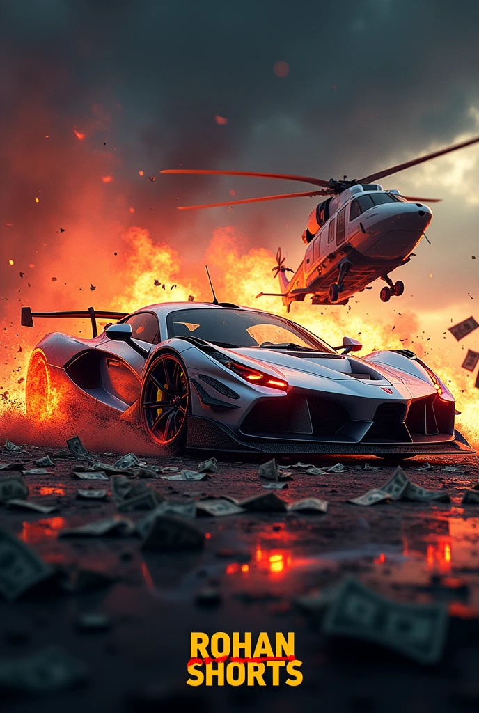 Create a logo by the name" Rohan Shorts "for my youtube channel . Background RGB super car destruction and money with helicopter and mechas fire . Realistic Background