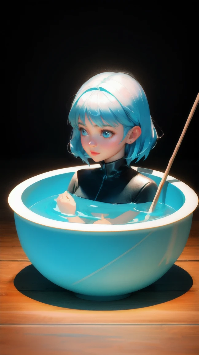 a girl in a bowl of water with a stick transduction, exaggerated face, exaggerated expression, emphasize frustration, a 3D render , shutterstock contest winner, stuckism, 3 d illustration, 3d illustration, depicted as a 3 d render, stuck, trend on behance 3 d art, trend on behance 3d art, water manipulation photoshop, frust