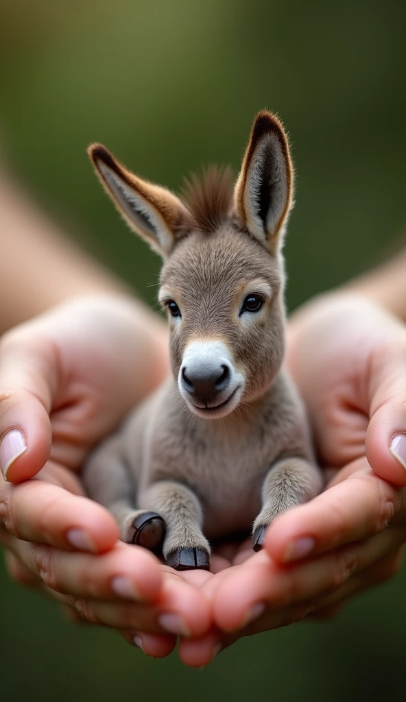 There is a little donkey in a man&#39;s hand, Sitting on fingers, Cute and cuddly, ,Real little donkey，Normal limbs，Very realistic little donkey， This is a live donkey.，The photos are very realistic,  Very small, Just a beautiful little thing,  Beautiful creatures, Pretty and cute, Very detailed photos.