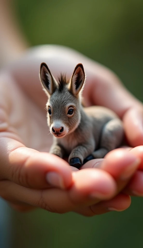 There is a little donkey in a man's hand, Sitting on fingers, Cute and cuddly, ,Real little donkey,Normal limbs,Very realistic little donkey, This is a live donkey.,The photos are very realistic, Very small, Just a beautiful little thing, Beautiful creatures, Pretty and cute, Very detailed photos.