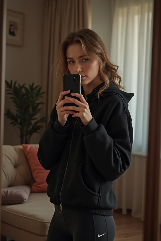 (photorealism:1.2), ukranian woman taking a selfie with her phone in a living room, an album cover inspired by Ion Andreescu, instagram contest winner, neoism, her hand is on her waist, she is holding a smartphone, youtube video screenshot, tiktok video, goddess checking her phone, pokimane, wearing nike pro gymleggings and a black fleece jacket, checking her phone, iphone video, (cameltoe:1,2)