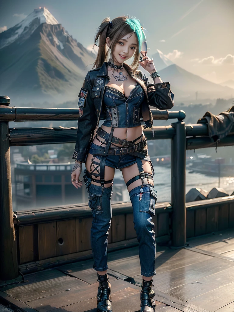 (Beautiful lips and nose:1.4)、(Long eyelashes:1.4)、(Smiling with teeth showing:1.3),(Shibuya Gal:1.5)、(Gothic intricately decorated dress:1.5)、(Tattered denim and black punk rock cargo pants:1.5)、(Denim and black navy skull mark small jacket:1.4)、(denim garter belt:1.5)、(Black and denim knee socks:1.3)、(Skull Silver Accessories:1.5)、(Denim collar:1.3)、(Brown Skin Belt:1.4)、(Brown boots:1.2)、(The underwear is striped:1.4)、31 years old、((Highest quality、In 8K、masterpiece:1.3))、Sharp focus:1.2、(Layered Cut、Huge boobs:1.1),Beautiful woman with perfect figure:1.4、(Dancing vigorously:1.3)、Slender Abs:1.2、Highly detailed face and skin texture、Detailed eyes、double eyelid,(Twin tails:1.3)、(Brown-golden hair:1.3)、Gravure idol、(The background is a vast mountain with a clear view々Beautiful luxury resort destination in Europe:1.3)、(Slim Body:1.2),(Make your legs thinner:1.4),(clavicle:1.1)