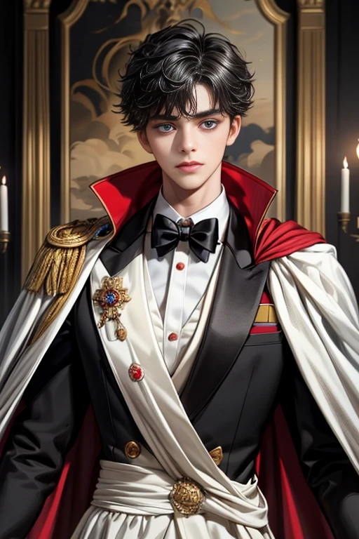 masterpiece, 最high quality, high quality, 1 boy, alone, Male focus, Upper Body,Watching the audience, Messy black hair, Adorable big blue eyes, White, Noble, Noble,A black and red cape that is bursting with sexy volume、Tuxedo、A very voluminous, large, very large, very large, long, long red and black cape with a high stand-up collar, made of a lot of fabric that reaches down to the floor., ,cute beautiful,Cute, cute, kind, handsome guy