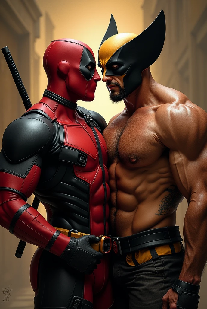 Deadpool sờ vào ngực của worlverine và bóp nó , còn wolverine thì đang bóp cu của deadpool
