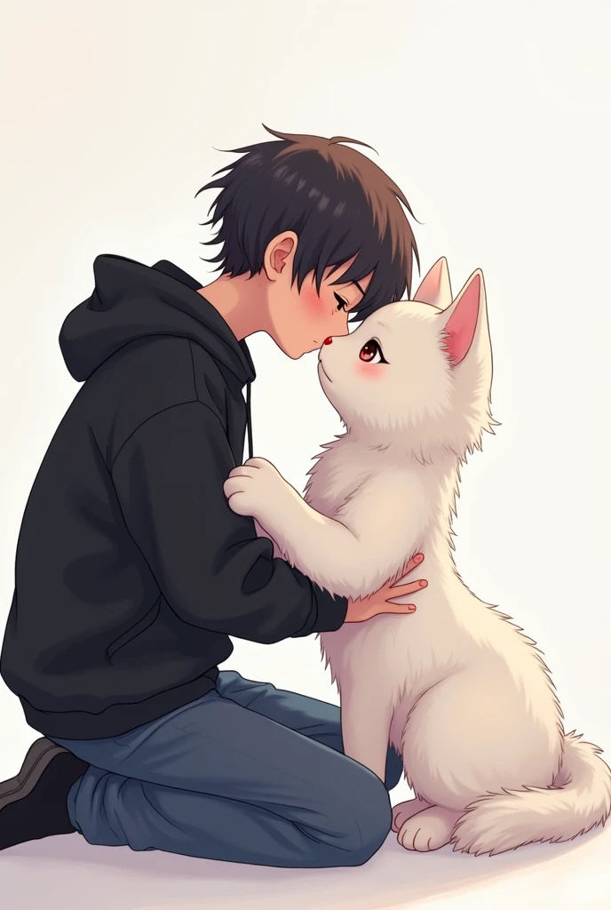 Anime style image of a cat, boy kisses, eyes, white, furry and femboy with a black hoodie.