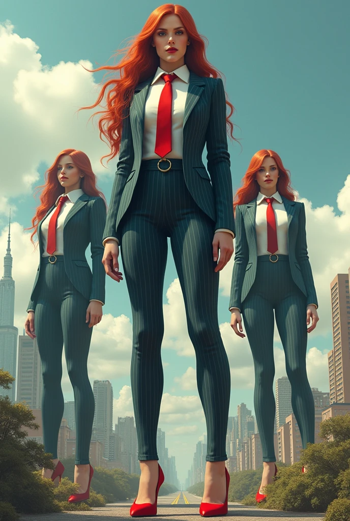 Highly detailed Giantess shot, Giantess, Emma Watson, multiple women who are miles taller than a skyscraper, holding skyscraper, big breasts, hourglass figures, long red hair, pinstriped suit, white shirt, huge red tie Windsor knot, high heels, very small metropolis, miniature metropolis, crush the big city, full body description, ＧＴＳ, Giga Goddess, Stomping City, crash city, micro city, High resolution, highest quality, masterpiece, 