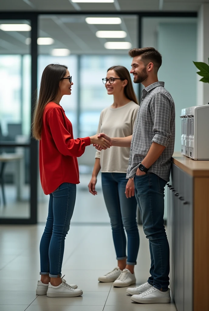 1 girl and 1 couple are meeting in drinking water area in office and shaking hands, girl is wearing red top and jeans and glasses and boy is wearing grey check shirt and jeans and smart watch and both are wearing white shoes but boy is not wearing glasses, boy is talking to girl in red top.
Only girl in red top is wearing glasses