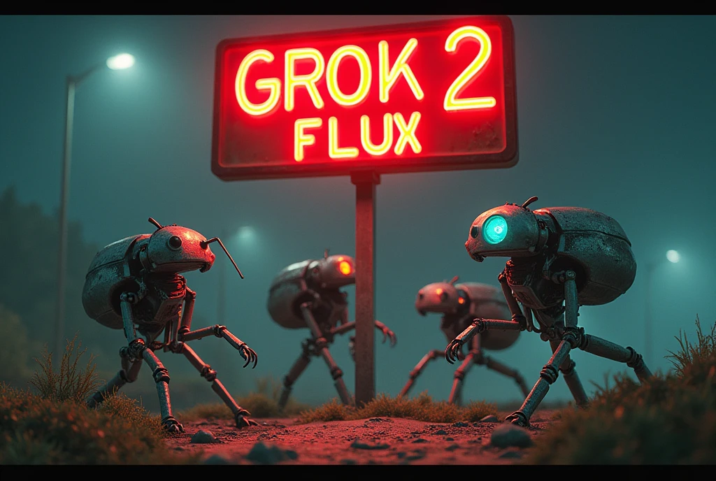 Robots chasing bugs under a glowing signboard written "GROK 2 FLUX", the 0 is highlighted in red and the other text is in black.