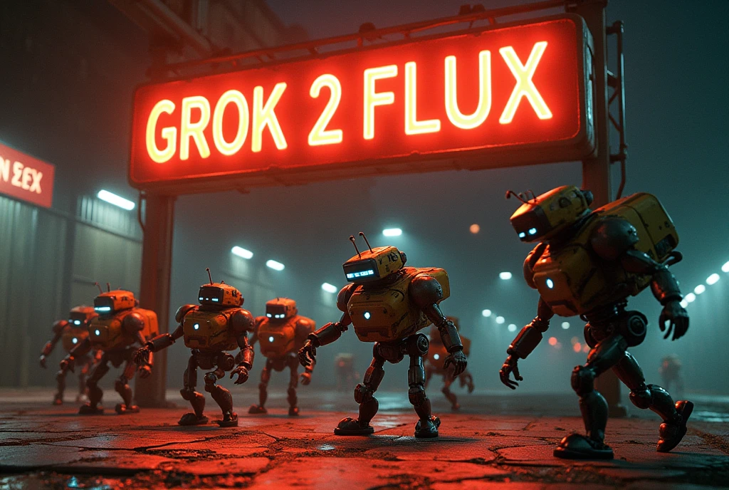 Robots chasing bugs under a glowing signboard written "GROK 2 FLUX", the 0 is highlighted in red and the other text is in black.