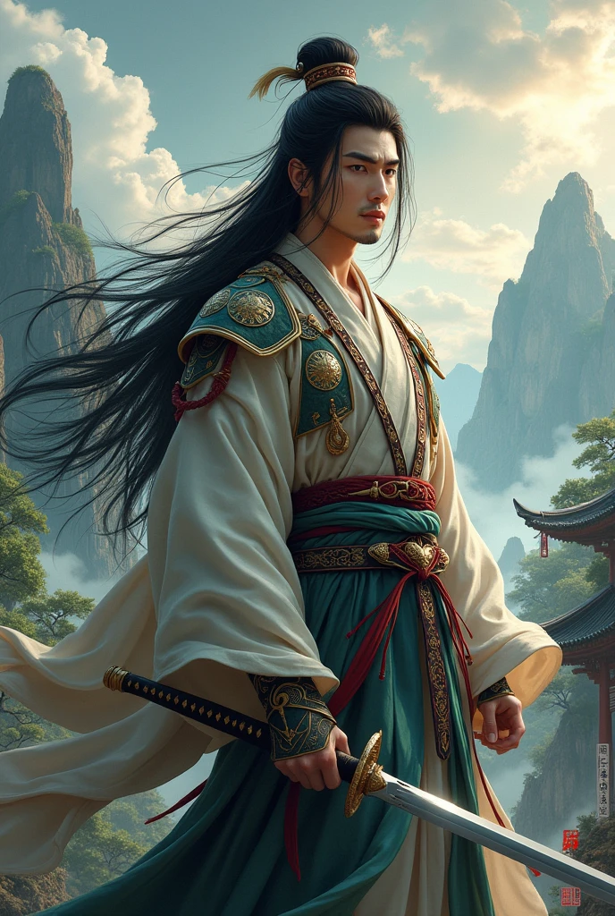 ultra HD,work of art,awardwinning,best qualityer,high resolution,8k,High details,(one  men:1.6),face perfect,long black hair,Ancient Chinese hair accessories,blonde hair accessories,(Opposite lens:1.4),(Hand sword:1.5),hand sheath,ancient chinese robes,martial arts,outlaw star,bougu,Week,There's a dragon behind,Chinese dragon,Patron Saint,the background is mountains and trees,moutain,pavilion,pine,brilliant sky,white cloud,an overcast sky,Big time,,ancient oriental architecture,ancient Chinese architecture,