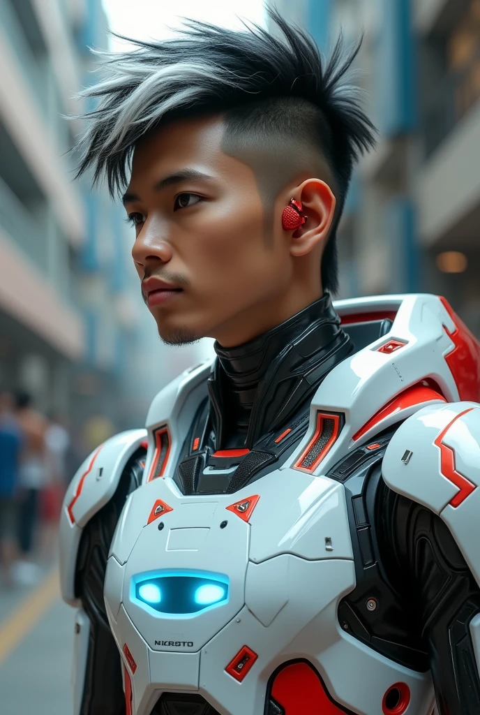 a young Malaysia man, tan skin .19 year old boy wearing a red and white exoskeleton armor, a robot face on his chest , malaysian mullet wolfcut hairstyle. Red ear mount . black hair mix little white hair. , detailed face and eyes, highly detailed, 8k, photorealistic, cinematic lighting, concept art, sci-fi. Led light blue.led light emoji robot face on body . Marvel. Alien robot face on body. Mechamato. Robot face on chest. Talking robot on chest. Robot emoji on body.