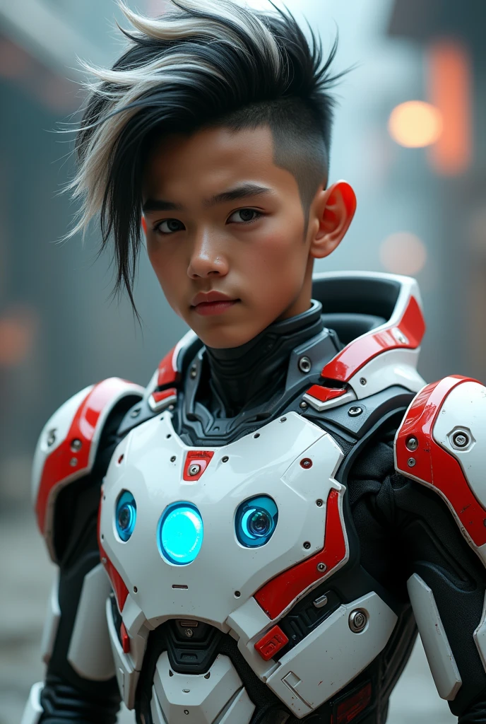 a young Malaysia man, tan skin .19 year old boy wearing a red and white exoskeleton armor, a robot face on his chest , malaysian mullet wolfcut hairstyle. Red ear mount . black hair mix little white hair. , detailed face and eyes, highly detailed, 8k, photorealistic, cinematic lighting, concept art, sci-fi. Led light blue.led light emoji robot face on body . Marvel. Alien robot face on body. Mechamato. Robot face on chest. Talking robot on chest. Robot emoji on body.
