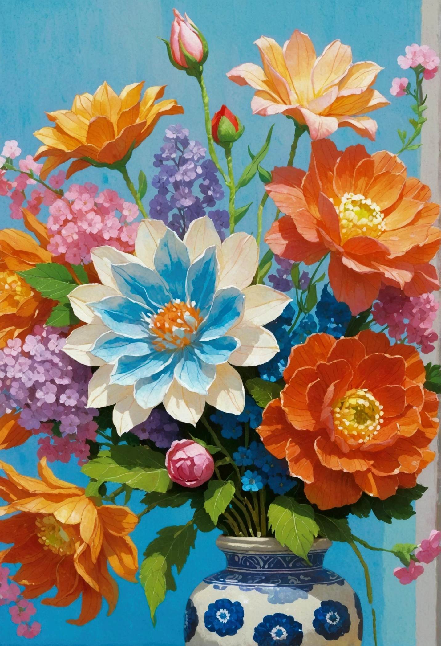 Close-up of a bouquet of flowers, The art style of Dragon King, Shin Jin Hye Art, Inspired by Yoshio Markino, Aoyama Tokio, Hiroyuki, Popular Japanese 3D Ultra Detailed, Goto Indian Summer, Ultra-fine details