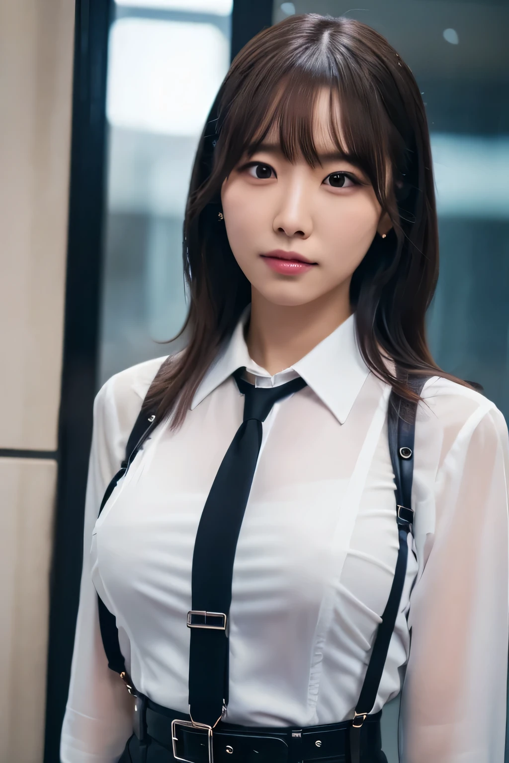 a woman in a suit, belt, hands behind back, sweating, suspenders, black pants, sexly, large breasts, see-through clothing, rain, detective, office worker, white button-up shirt, (best quality,4K,8k,highres,masterpiece:1.2),ultra-detailed,(realistic,photorealistic,photo-realistic:1.37),hyper-detailed,highly detailed face and body, Slender　thin　suspenders　Moderate breasts　See-through shirt　Nipples　holster　chain　Pistol　Armament　criminal　Female criminal　knife