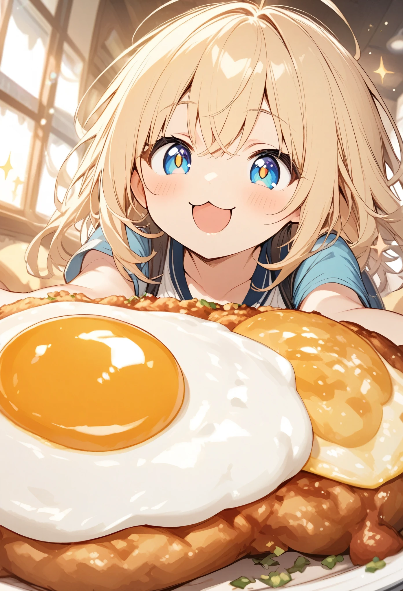 happy scene,Sparkling fried egg,fried egg, wiener, eyes sparkling at the sight of fried egg, :3, happy face, cute,