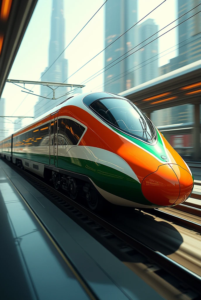 Imagine A  Luxurious Bullet Train with side view with Indian Flag Colours more futuristic 
