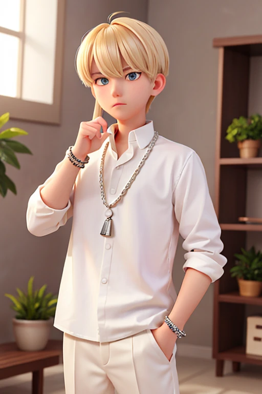 male、16age、Blonde、Silver chains on every finger、White Shirt、Black trousers、Gentleman、neutral、calm、Hairstyle with bangs down、No necklace、
