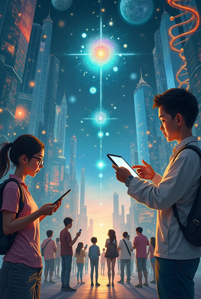 3 sections; Science - DNA, microscope, atoms; Technology - Printing Press, Computers, Smartphones; Society - Families using technology