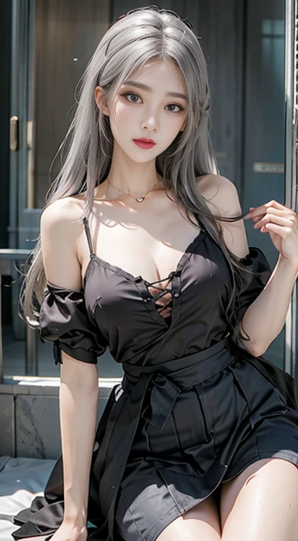 Photorealistic, High resolution, 1womanl, Solo, hips up high, view the viewer, (Detailed face), White hair, Long hair, maid clothes, Jewelry、）（off shoulders）、（((Raise the skirt to the chest))）、）（up skirt）（（Black lace panties visible））