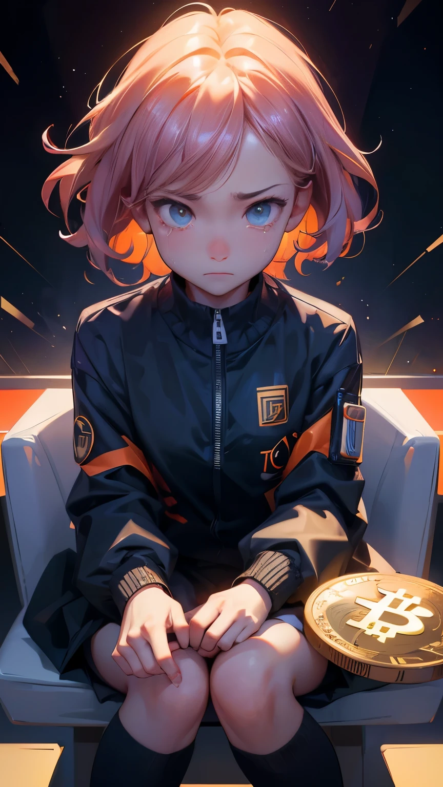 a close up of a girl in a suit sitting at a table with shocked face and perfect eyes, Shock waves coming from eyes with stack of bitcoins, crying face, facing a big loss, Shockwaves are coming out, 🚀🚀🚀, bitcoin evil, crypto, cryptocurrency, crypto valut, cryptocurrency in the background, satoshi, giant crypto vault, youtube thumbnail, 🔞🤡, typical cryptocurrency nerd, cg art, 🚀🌈🤩, daoshi, 32k, 3 2k