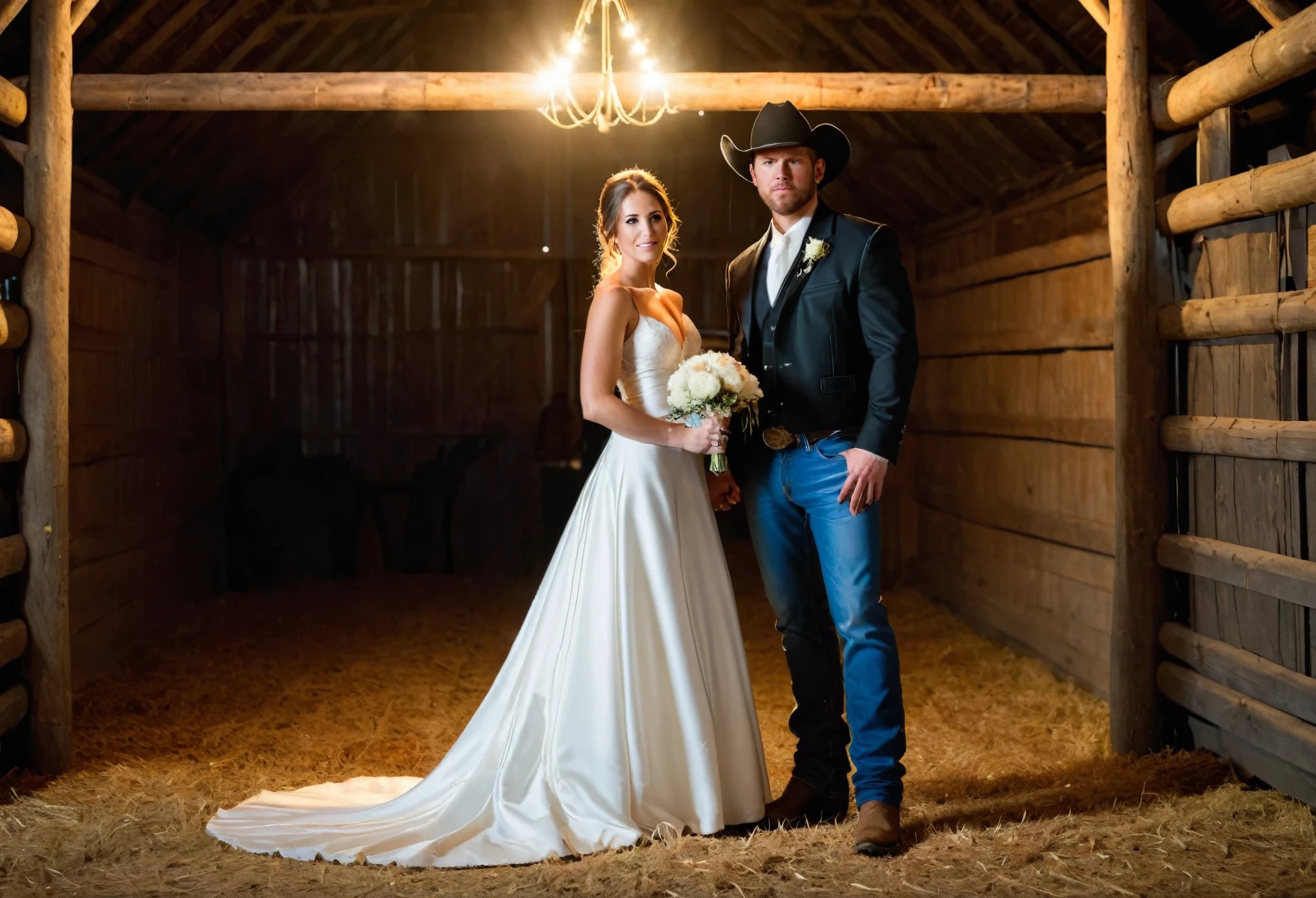 high quality full length portrait, RAW photo of Shot gun Wedding, cow boys, a beautiful bride in white silk wedding dress, groom in blue jeans and black jacket,Studio Lighting, Expertly lit, The scene is filled with a sense of natural beauty, A wedding in a barn, 