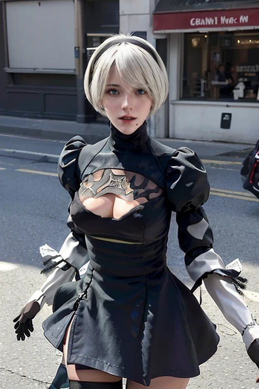 (((slim thighs))), (((thin waist))), (((thin hips))), (((thin lower body))), (2B), ((nier_automata)), white hair, short hair, black_dress, black_hairband, robot_joints, android, cyborg, clothing_cutout, 8k, ultra realistic, masterpiece, best quality, ultra detailed, beautiful face, beautiful skin, photorealistic, (professional lighting:1.2), light smile, pearl necklace, (erect nipples:1.3), looking at viewer, cowboy shot, focus on face, ultra sharp, on street in business district, ultra detailed photo background, (((with the crowd)))