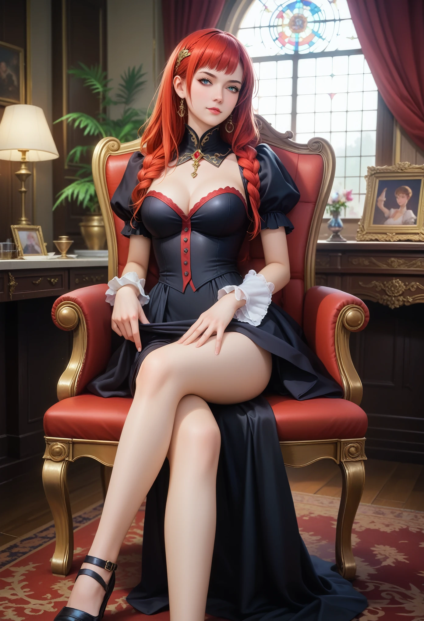 Anime girl with red hair and black dress sitting on a chair, Artgerm and rossdraws, extremely detailed Artgerm, Artgerm. Anime Illustrations, style Artgerm, dark fantasy art, ig model | Artgerm, vampire girl, Artgerm detailed, Artgerm. high detail, Artgerm on artstation pixiv,score_9, score_8_up,score_7_up, masterpiece, best quality, perfect anatomy, very aesthetic, official art, 8k,(masterpiece, Best quality: 1.2), Ultra detailed, cinematic lighting