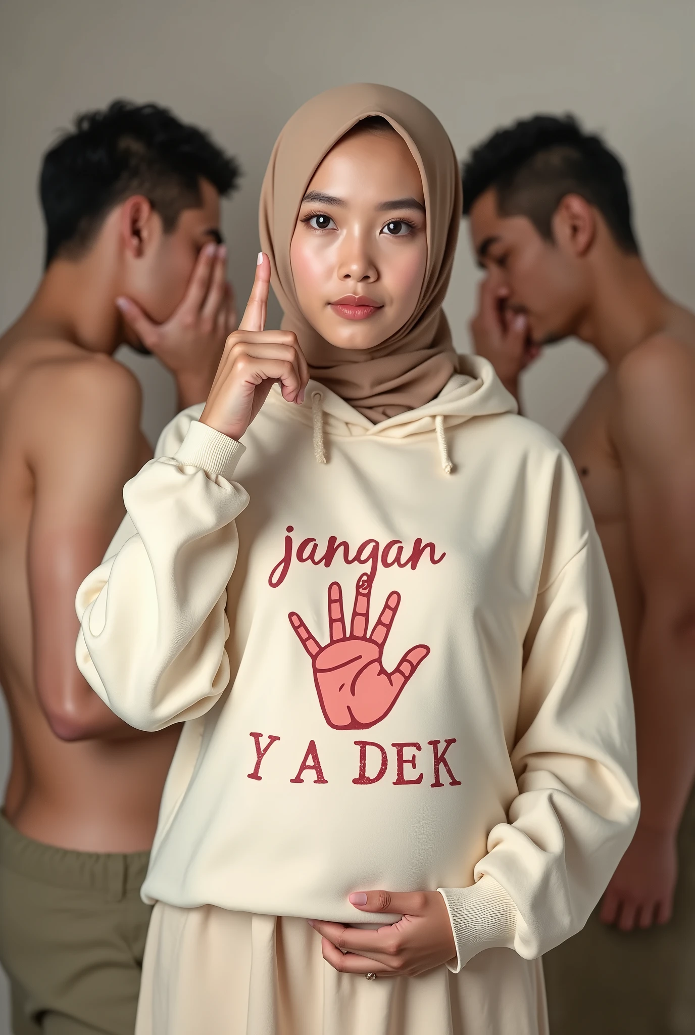 A hijaber indonesian pretty girl pregnant, wearing a cream hoodie with a strong vector design featuring a silhouetted image of a five-fingered palm in pastel colour with love and light. The phrase "JANGAN YA DEK" is displayed in bold simple elegand, distressed typography with pastel colours, while holding her long skirt, wearing hijab, one-handed pose pointing upwards, background naked couples kissing, making love, jav idol, with front shooting angle, very realistic, (complex detail: 0.9), (hdr, hyperdetail: 1.2), RAW, Sony Alpha a9 II, 24-105mm f/4, HDR,