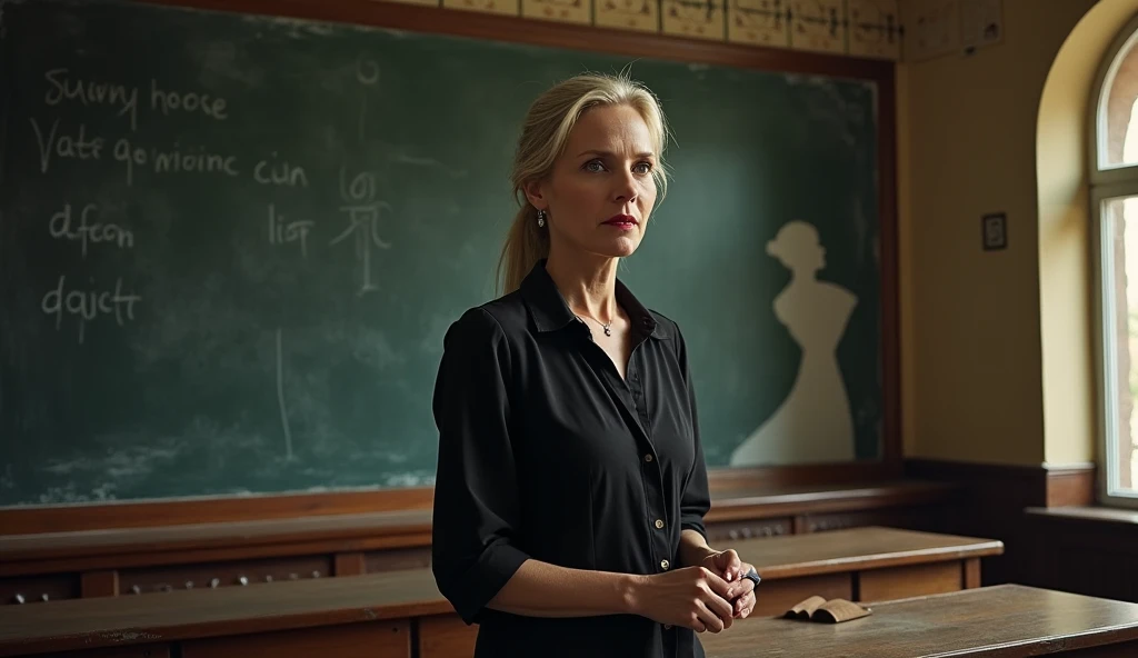 J.K. Rowling teaching a class in Portugal with a backdrop of a chalkboard, while the shadow of a crumbling marriage looms behind her