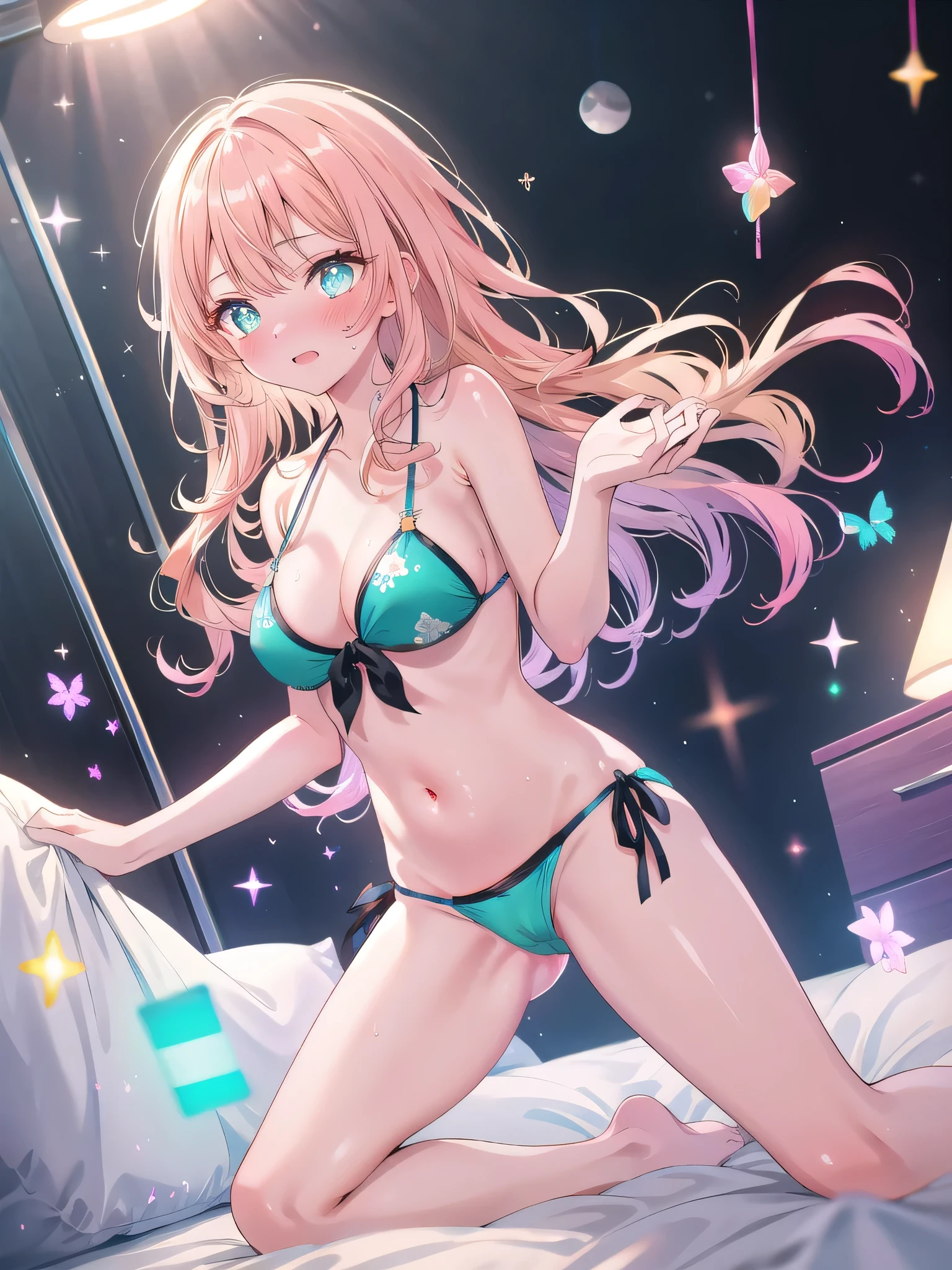 ((8k, Highest quality, masterpiece: 1.3)),Ultra-high resolution,(1 girl, alone), (Color changing eyes, Ultra-detailed, Expressive brilliance, Glitter, Glowing Eyes), Highly detailed eyes, Highly detailed face, Random Hair, ((pastel colour)),A shy young woman with pastel peach hair styled into soft waves, lying on her bed in her softly lit bedroom during the calm of early evening. She is wearing a turquoise bikini and has a shy, slightly embarrassed look on her face. Her legs are slightly open, creating a modest yet captivating pose. The camera captures her from a side angle, highlighting her gentle blush and the warm, inviting light of the room. (open legs:1.5)(Put your hand in your bikini and touch your pussy:1.3)